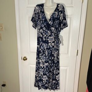New Directions Midnight Blue, gray & white Floral Midi Dress large